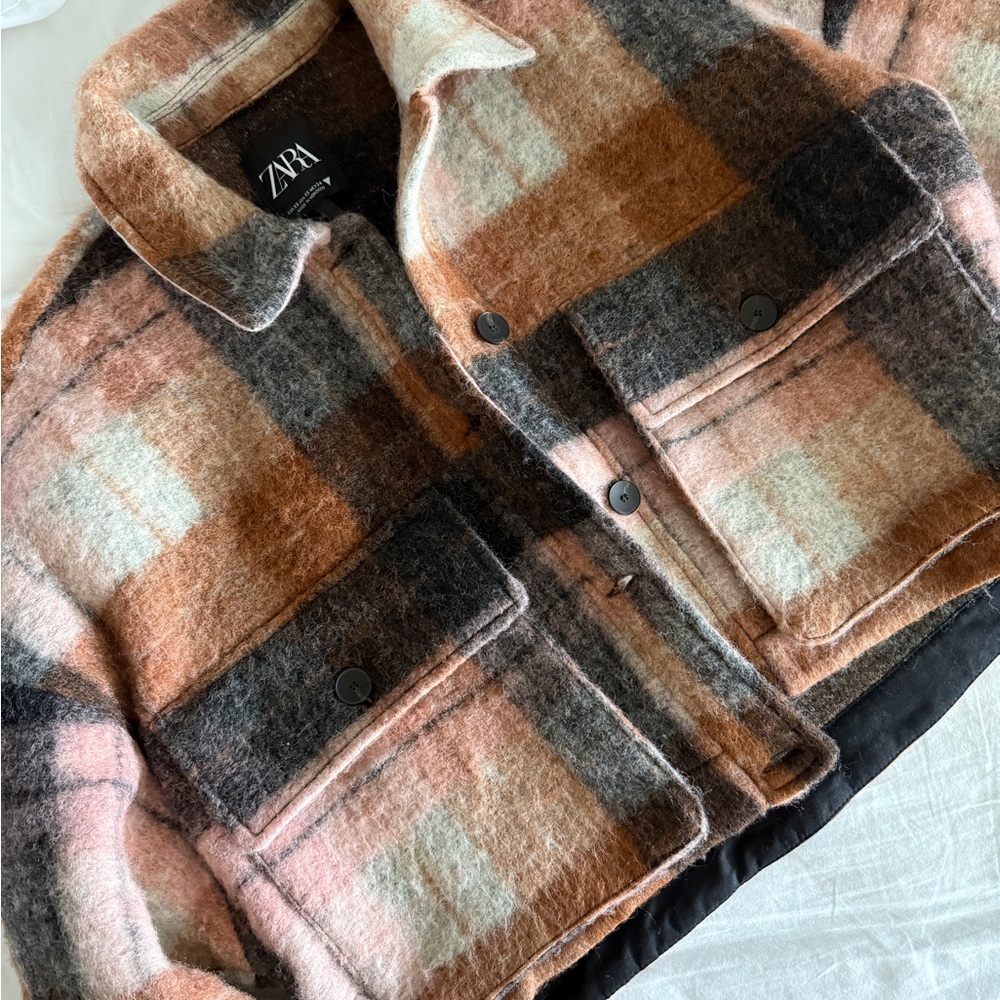 Zara Checkered Wool Jacket in Pink and Brown